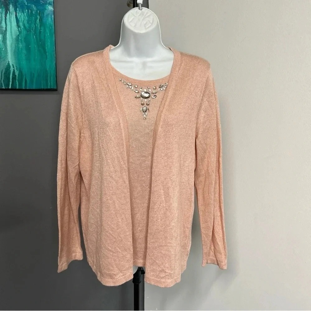 Notations Women's‎ Large Metallic Shirt Cardigan Set Peach Gems  Church Party